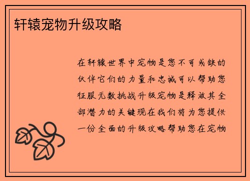 轩辕宠物升级攻略